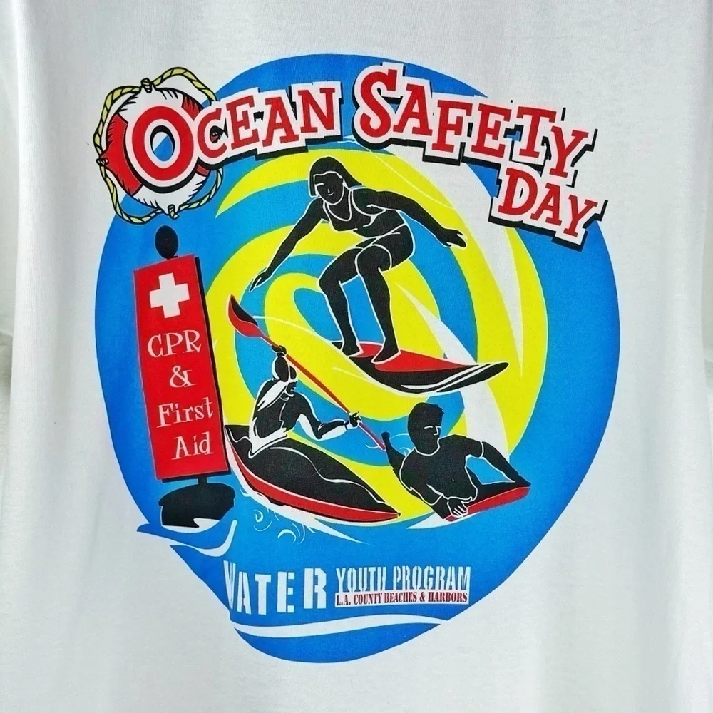 NWOT GILDAN OCEAN SAFETY DAY Kids White Crew Neck T-shirt Graphic Design XL